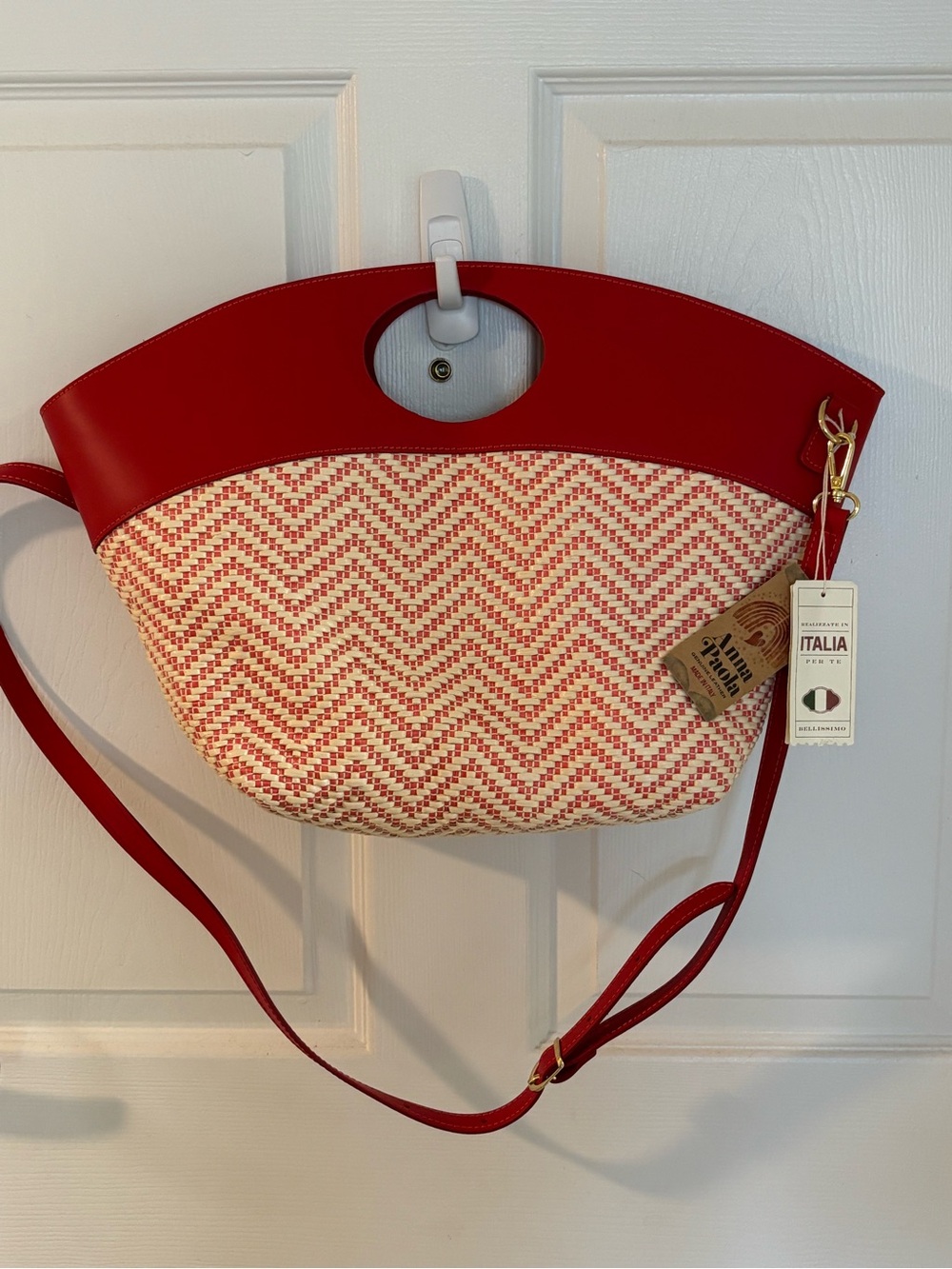 Italina Red & Cream Chevron Shoulder Bag with Cutout Handle